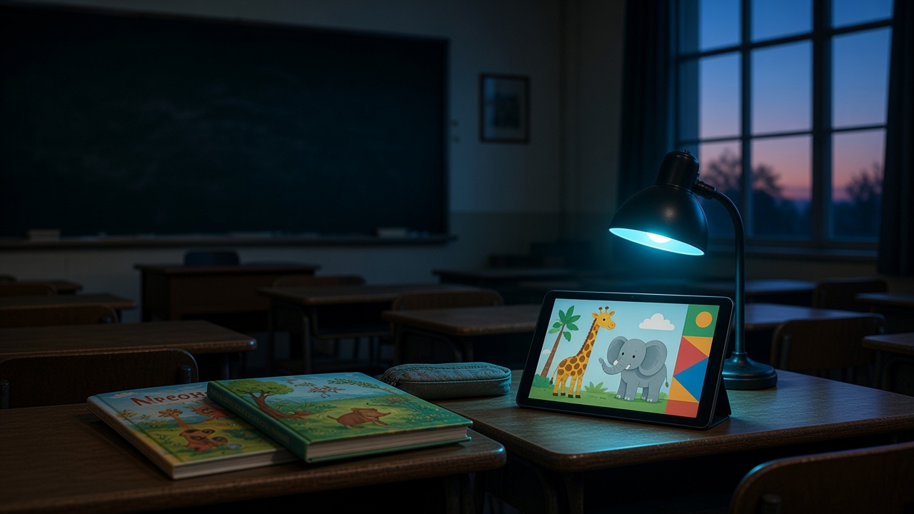 Child study desk with a tablet lesson and picture books